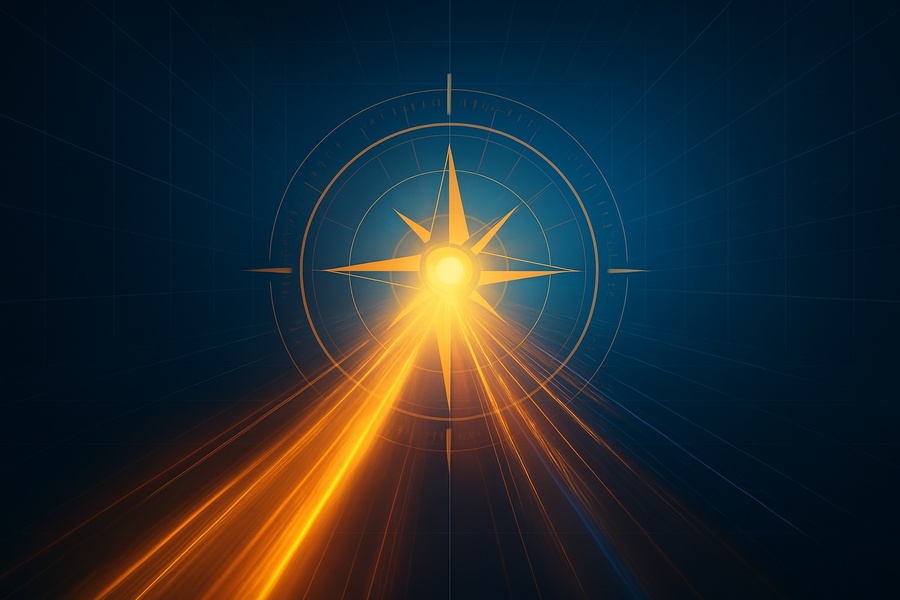 Glowing compass symbolizing purpose and strategic momentum