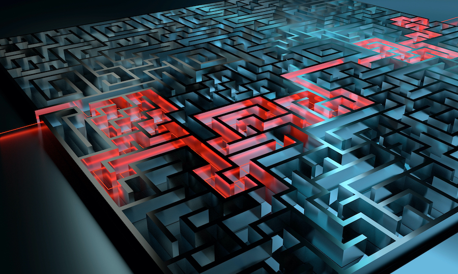A high-tech labyrinth with a red-lit path symbolizing strategic guidance